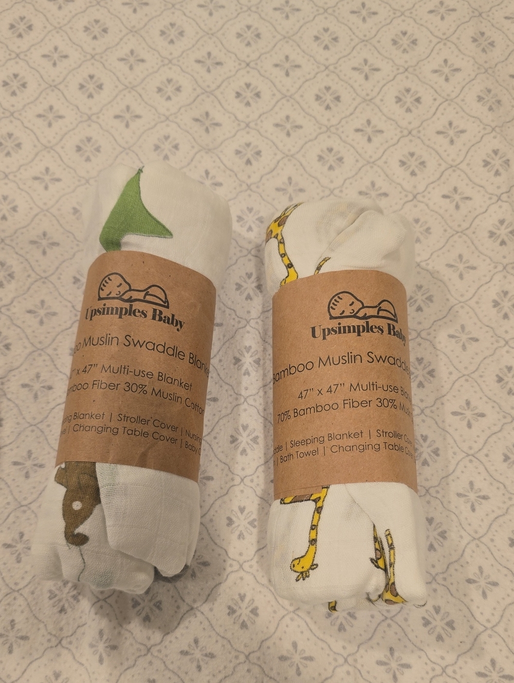 Upsimples Baby Bamboo Muslin Swaddle Blankets - White with Green & Yellow Prints